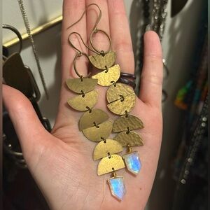 Artisan Brass Moonphase Earrings with Rainbow Moonstone Accents